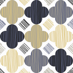 Abstract seamless pattern featuring quatrefoil shapes in a soft, muted, and earthy color palette filled with hand-drawn vertical lines, creating a woven or rustic look