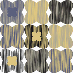 Abstract seamless pattern featuring quatrefoil shapes in a soft, muted, and earthy color palette filled with hand-drawn vertical lines, creating a woven or rustic look
