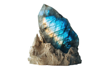 Fototapeta premium Blue crystal rock formation with glowing translucent mineral on stone base isolated on Transparent Background