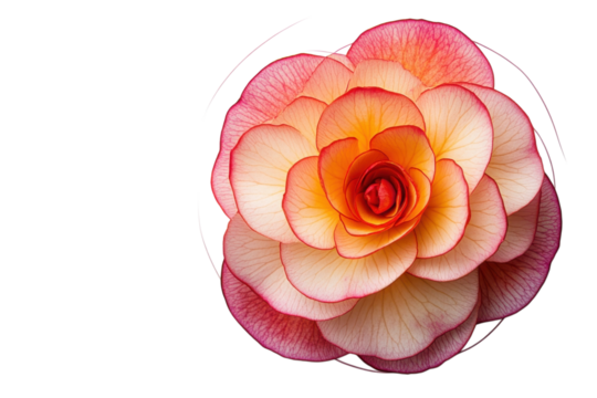 Closeup of a vibrant begonia flower with layered petals in shades of pink orange and yellow on black on transparent background