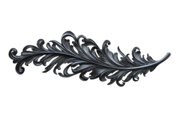 Elegant metal scrollwork design element against a black backdrop showcases intricate details and craftsmanship on transparent background
