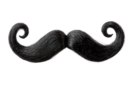 Detailed view of a black handlebar mustache with curled ends for creative projects on transparent background