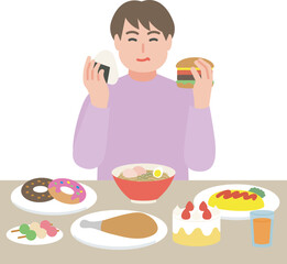 不健康な食事をする太った男性