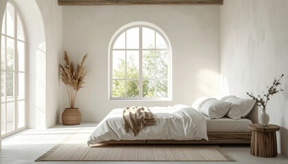 Serene bedroom interior bathed in natural light, featuring a large window offering views of green foliage, with a wooden bed, neutral color palette, cozy textiles, and decorative accents creating a...