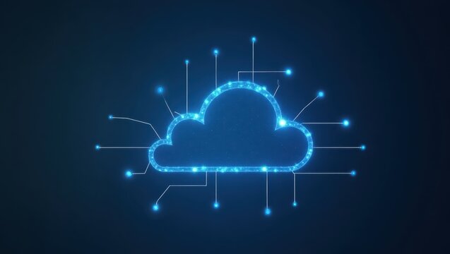 Illuminated blue cloud shape with connected lines and glowing dots, representing networking and data storage against a dark background.