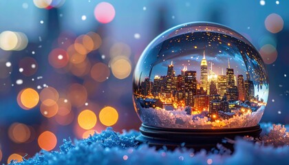 Captivating image features a snow globe containing a cityscape, illuminated with warm lights reflecting on the glass sphere, set against a blurred background with bokeh effects, simulating falling...