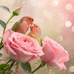 A robin drinking droplets from a rose petal, glowing sunset sky behind.