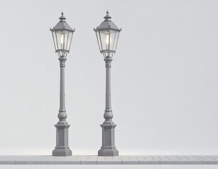 Two vintage-style street lamps against a plain background