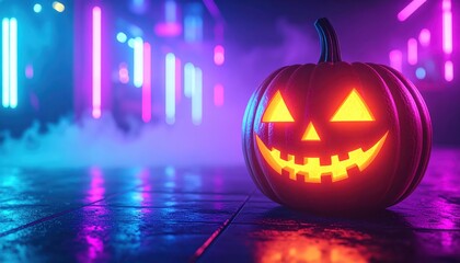 Glowing jack o' lantern with a carved smile against a backdrop of neon lights and ethereal fog, creating a colorful and atmospheric Halloween scene, evoking the spirit of spooky celebrations and...