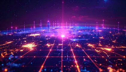 Digital representation of interconnected urban landscape illuminated by glowing lines, data transfer concept with bright purple and orange lights, suggesting technological advancement.
