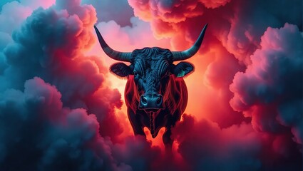 Majestic Bull Emerging from Colorful Mystical Clouds.