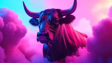 Majestic Bull in Vibrant Neon Pink and Blue Hues Amidst Dreamy Clouds.