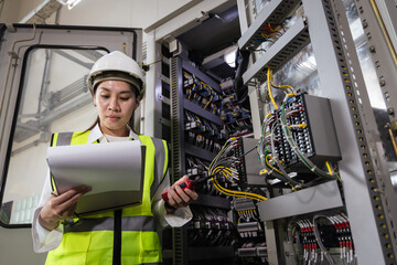 workplace safety, communication, industrial maintenance, Female engineer in safety helmet and reflective vest using a walkie-talkie while inspecting electrical control panel with checklist