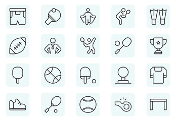 Badminton and Table Tennis Outline icon set. sports equipment, activities, football, basketball, cycling, running, swimming, trophies, teamwork, training.Thin outline icons pack. Vector illustration