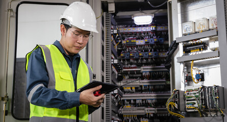 industrial maintenance, workplace safety, Male engineer in safety helmet and reflective vest...