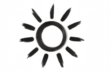 Hand drawing of a sun symbol with black brush strokes, ideal for weather forecasts, nature concepts, or seasonal design