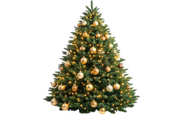 Fototapeta premium Decorated Christmas tree with gold ornaments and warm string lights isolated on Transparent Background