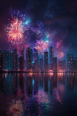 Vibrant Fireworks Display Over Neon-Lit Cityscape at Night.