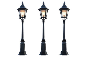 Three vintage black lampposts illuminate the night with a warm glow against a dark background on transparent background