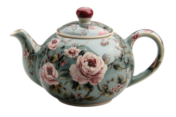 Elegant floral teapot with roses and butterflies on a soft blue background for afternoon tea service on transparent background