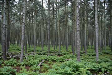 Obraz premium Exploring tranquil pine forests nature landscape lush green ferns calm environment ground-level view serenity and wilderness