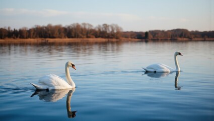 Obraz premium Swans swimming gracefully on a serene lake at dawn nature photography tranquil environment wide-angle view
