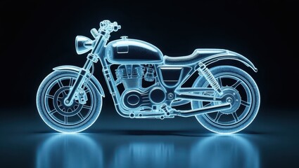 Illuminated motorcycle design showcases futuristic technology with glowing neon blue details against a dark backdrop, creating a sense of motion and technical artistry, highlighting its sleek lines...