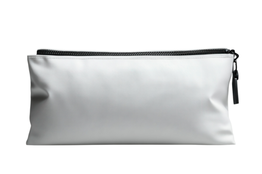 Minimalist white pouch with black zipper for cosmetics or travel accessories on transparent background