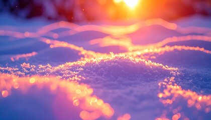Radiant sunlight cascades over a snow-covered landscape, creating an ethereal display of light and shadow with a soft, warm glow and stunning bokeh effects across the ground.