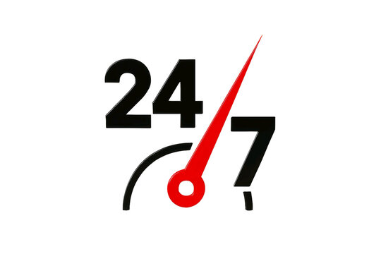 Red speedometer needle pointing to 24 7 on a dark background representing constant availability and service isolated on transparent background