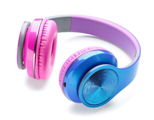 Vibrant headphones, pink and blue, isolated on white