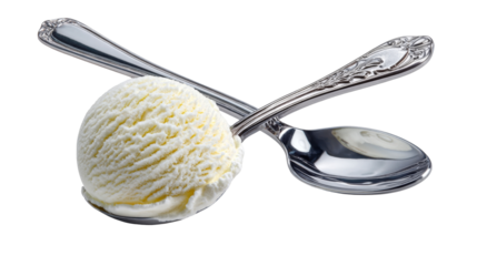 A perfect scoop of vanilla ice cream rests on two elegantly crossed silver spoons.