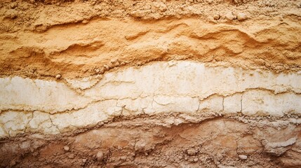A close up view shows the various layers of soil in the earth with texture and different color gradients.