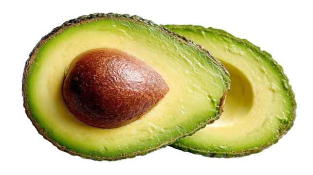 A ripe avocado cut in half, showcasing its creamy green flesh and large brown seed.