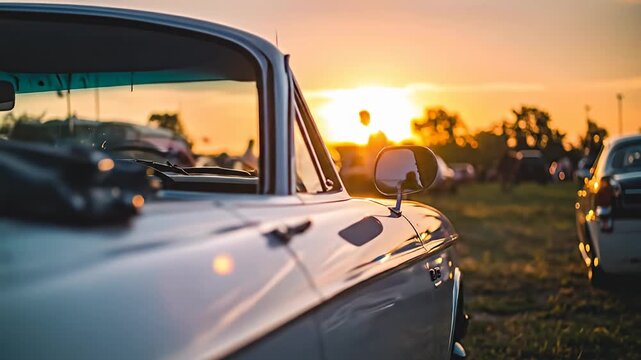 Classic car detail against a golden sunset, people and other cars in the background