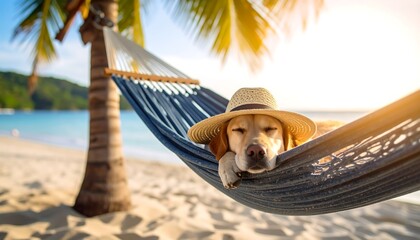A golden dog relaxes in a hammock on a sunny beach wearing a straw hat, close to palm tree and ocean