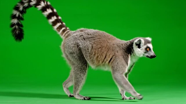Ring-Tailed Lemur Walking Isolated on Green Screen Chroma Key Background