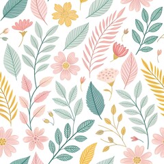 Fototapeta premium Pastel Botanical Paper-Cut Leaves & Petals Pattern. Seamless pastel pattern of botanical leaves and petals in paper-cut silhouette style.