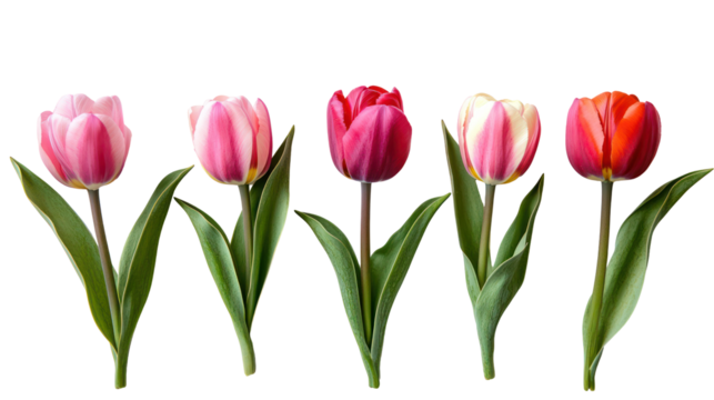 Five colorful tulips arranged in a row isolated on transparent background