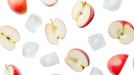 Fresh apple slices and ice cubes isolated on transparent background