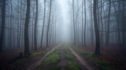 Fototapeta premium Misty autumn forest path covered with fallen leaves leading into dense fog among tall bare trees, creating a mysterious atmospheric landscape that evokes solitude, tranquility, and the beauty of natur