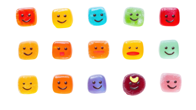 Collection of colorful gummy candies with smiley faces isolated on transparent background