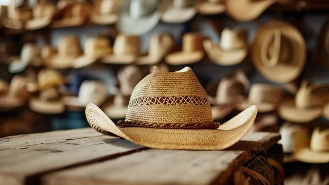 Straw cowboy hat displayed on wooden table in a hat shop filled with various hats in the background