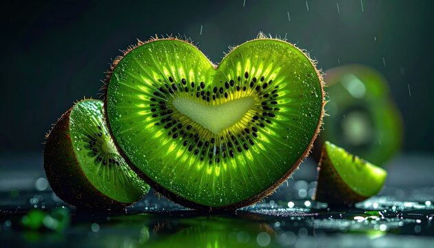 Sliced kiwi fruit arranged to form a heart shape, surrounded by additional kiwi pieces, showcasing fresh green color, water droplets, and dark backdrop, highlighting the details and texture of the...