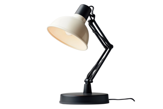 Adjustable desk lamp with a black base and cream shade provides focused lighting for reading or work on transparent background