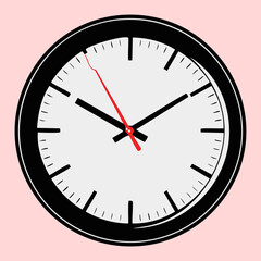 Illustration of a classic, minimalist round black and white analog wall clock with bold minute and hour markings and simple red second hand
