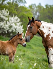 Obraz premium A heartwarming scene a gentle, brown and white painted horse nuzzles a smaller, chestnut foal in a lush, green pasture. Flowering trees backdrop the pair
