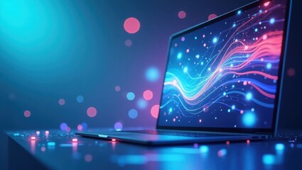 Digital technology concept displays a laptop with a glowing screen showcasing colorful flowing data lines and particles against a dark, futuristic background, creating an illuminated, abstract...