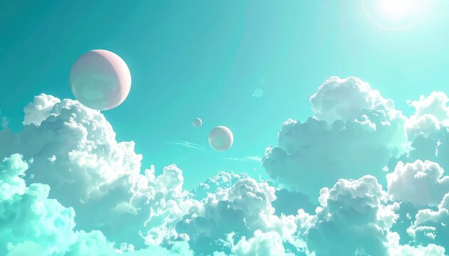 Floating pink orbs are suspended in a vivid, turquoise sky filled with fluffy, bright white clouds, evoking a dreamlike and surreal atmosphere under a radiant sun.