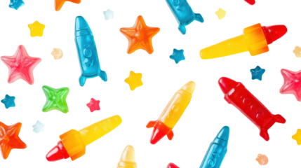 Flat lay of multicolored gummy candy rockets and stars isolated